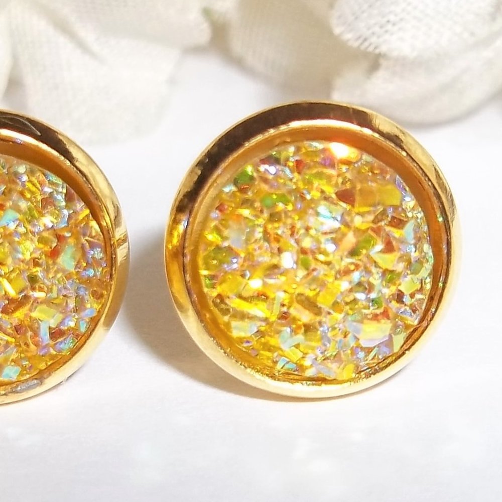 Earring Set Yellow and Gold Druzy Style Post Stud Small Minimalist Jewelry A148 - Picture 2 of 7